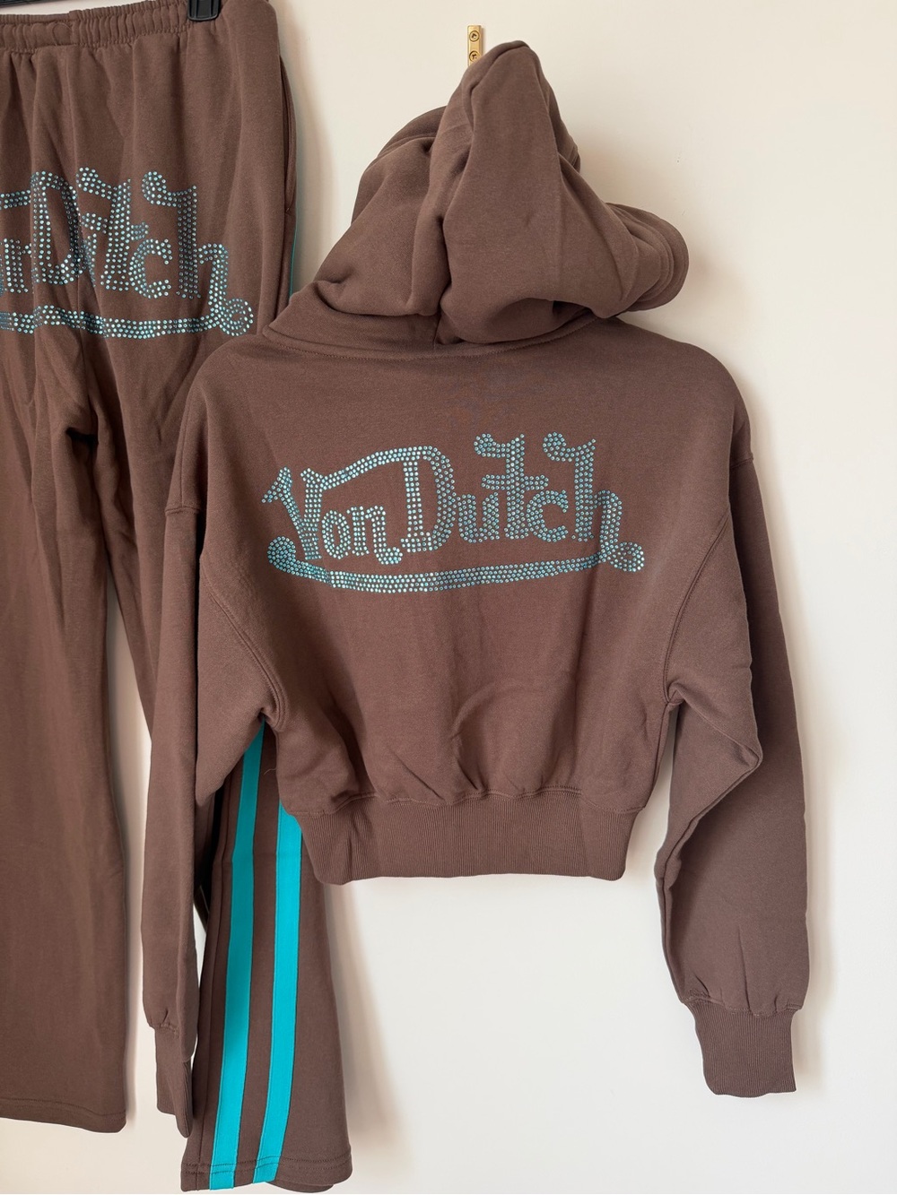 Von Dutch Brown teal rhinestone Hoodie and wide leg sweatpants set - Picture 3 of 10